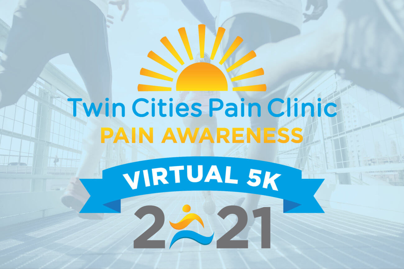 2021 Twin Cities Pain Clinic Pain Awareness 5k logo over background of three people running