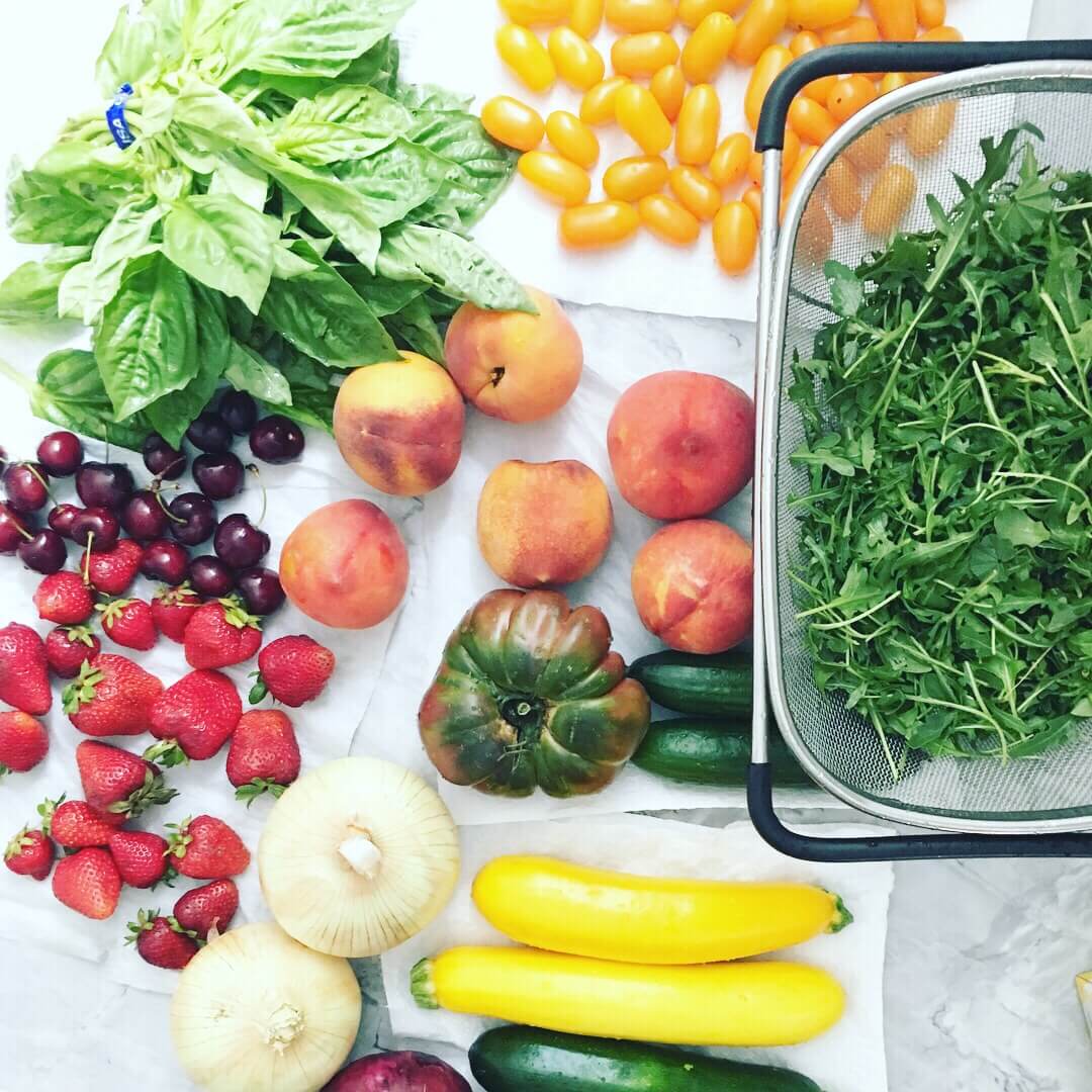 Colorful spread of healthy fruits and vegetables