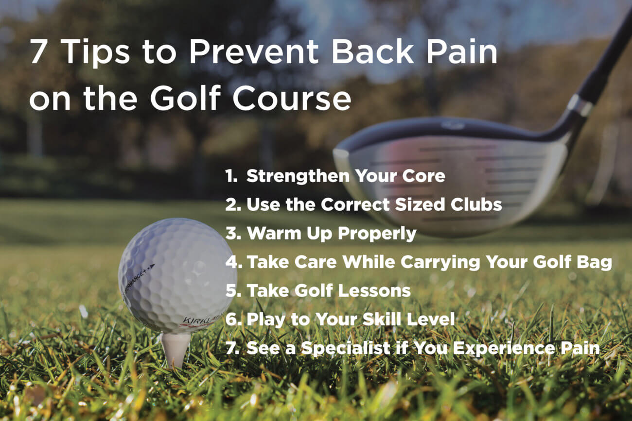 List of 7 Tips to Prevent Back Pain on the Golf Course over golf ball on a tee next to a driver golf club head