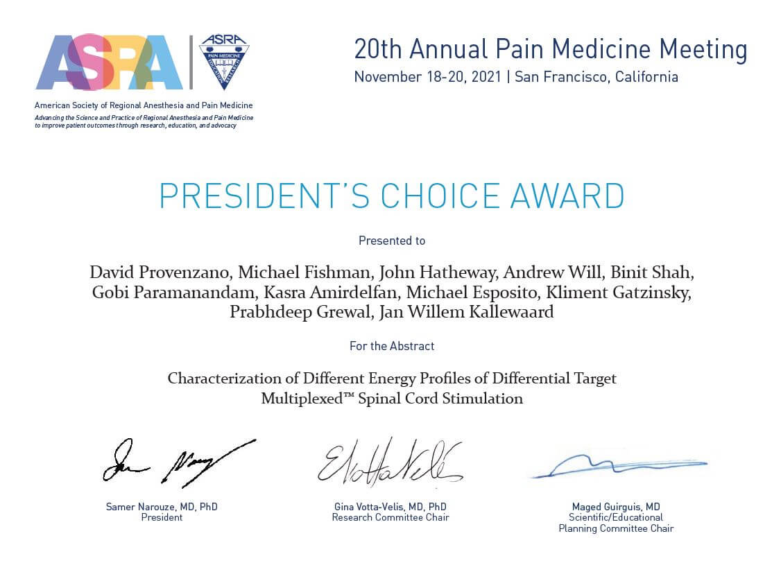 Presidents Choice Award Certificate-American Society of Regional Anesthesia and Pain Medicine