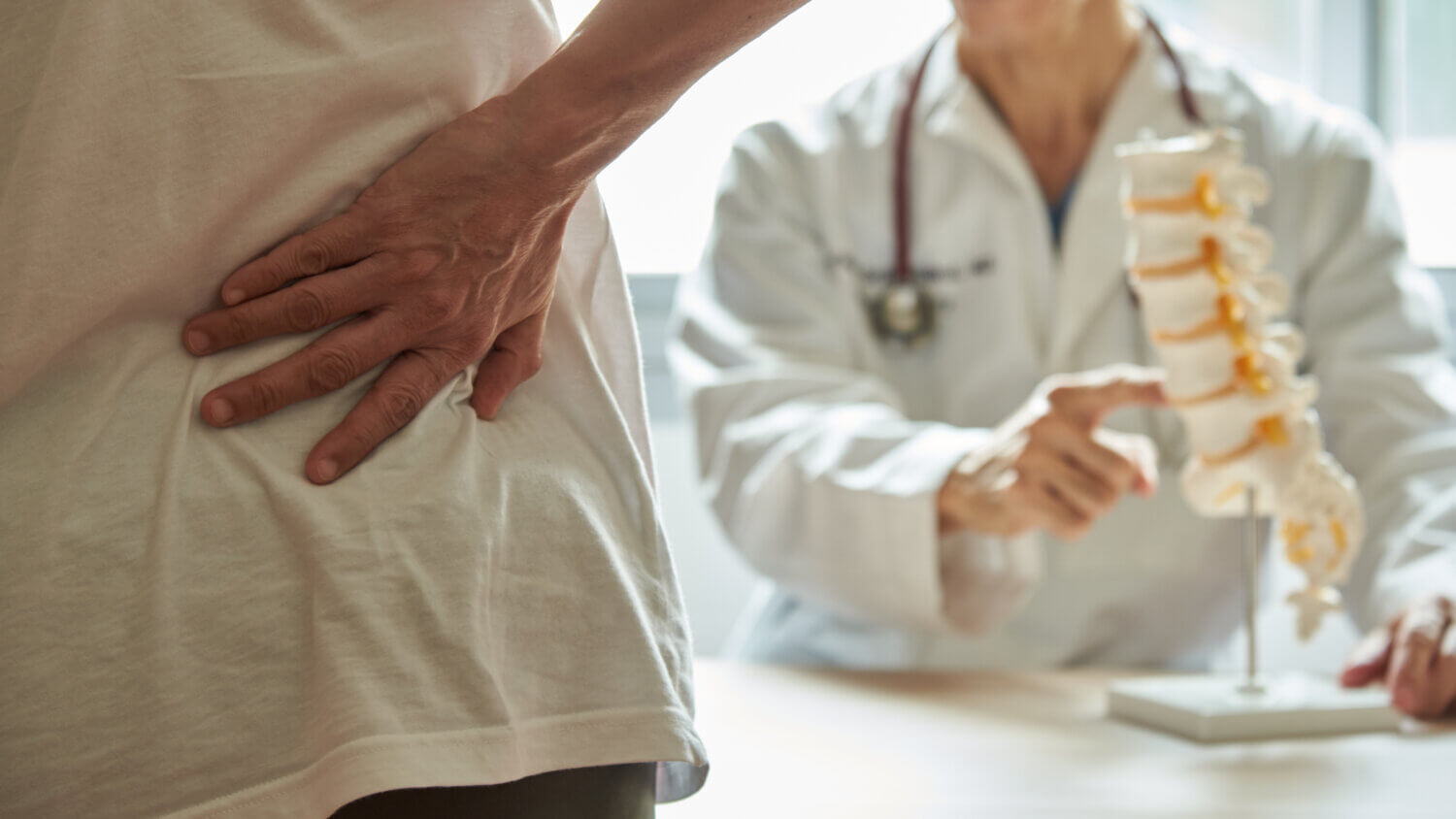 Adult holding their lower back in front of a doctor pointing to a spine model