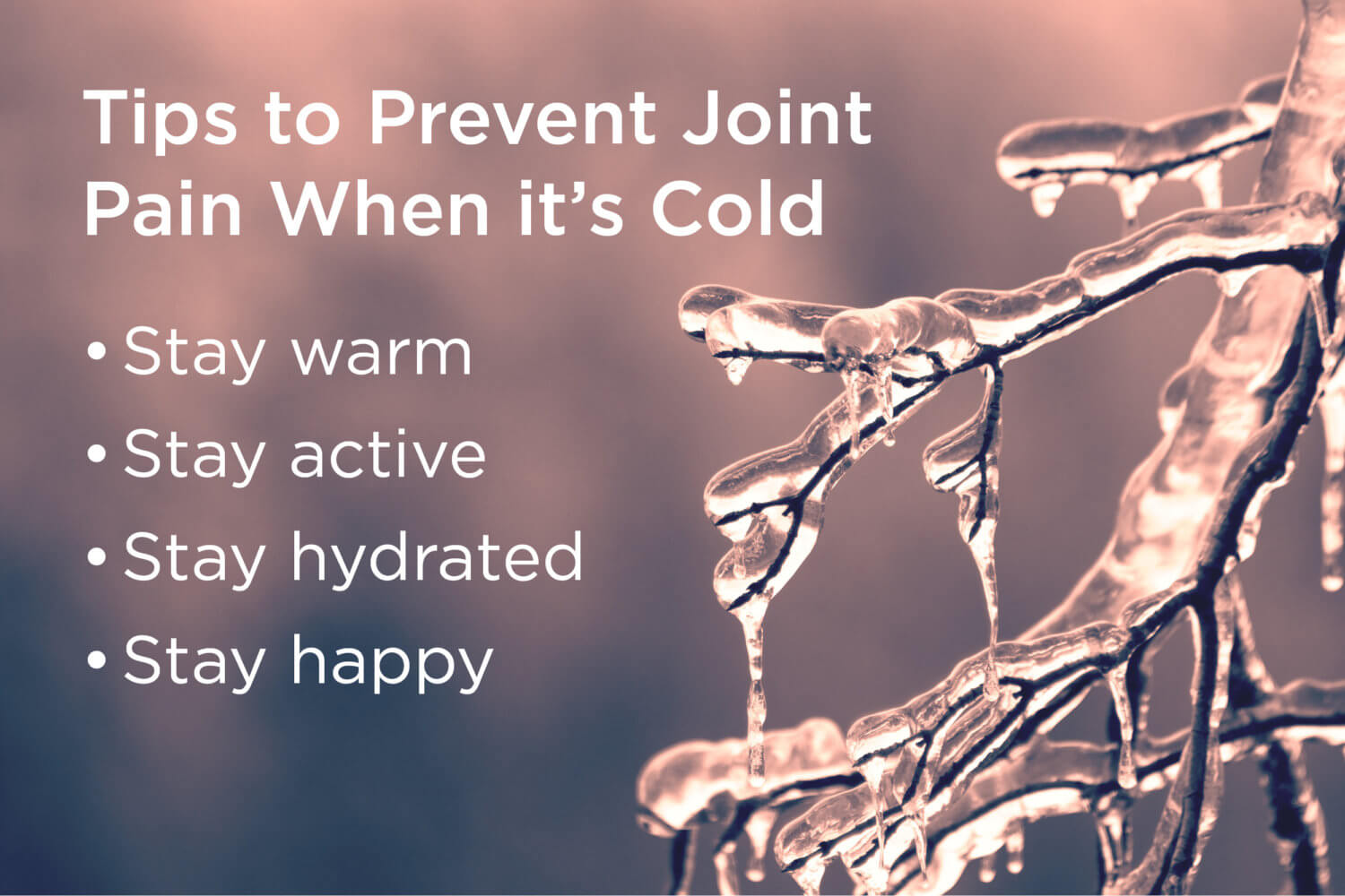 List of tips to prevent joint pain when it is cold next to tree branch covered in ice