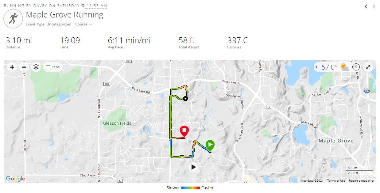 Recorded route and time for pain awareness 5k run