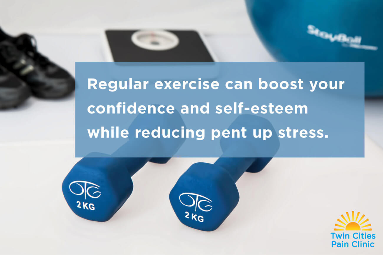 Fact about exercise and chronic pain over image of exercise equipment