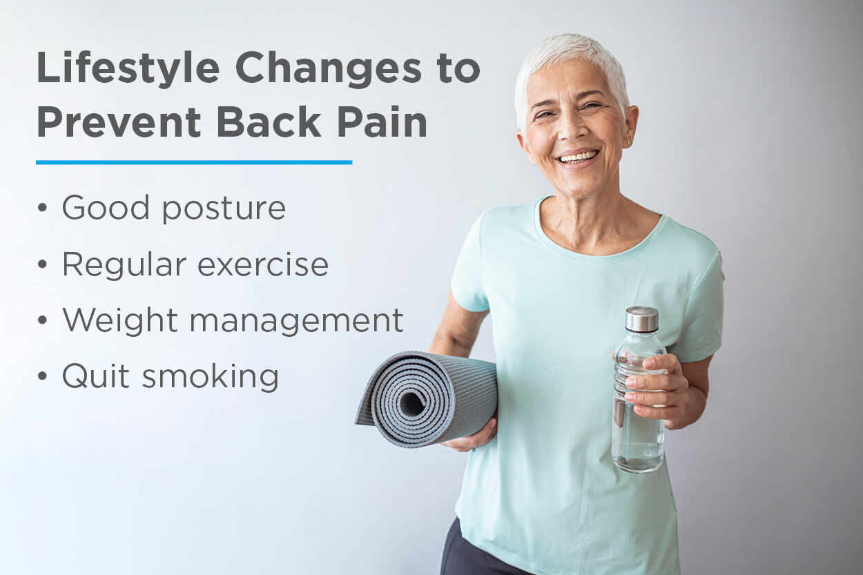 List of lifestyle changes to prevent back pain next to smiling senior woman holding yoga mat and water bottle