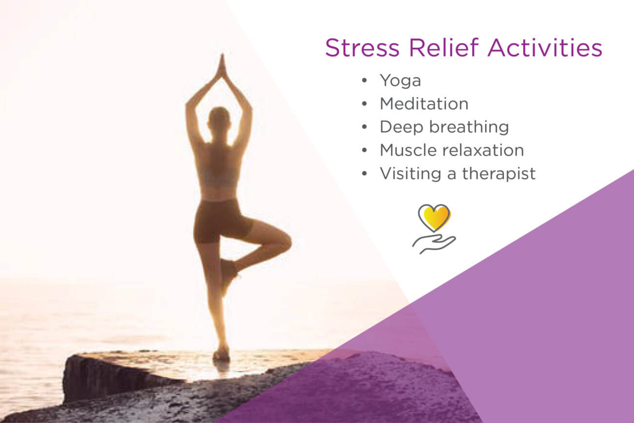 List of stress relief activities over image of woman doing yoga on a cliff in front of a sunrise