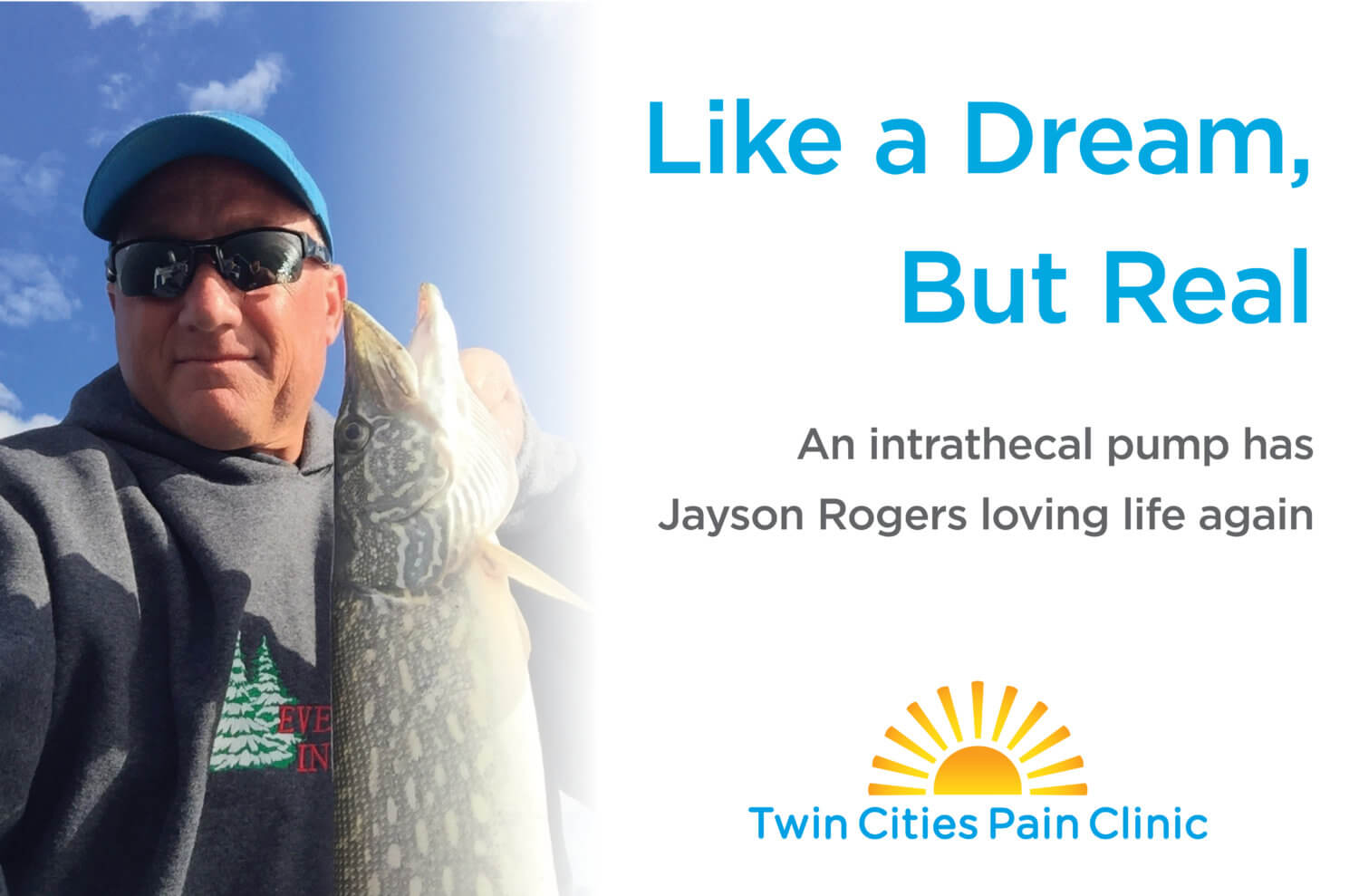 Patient Story-Jayson Rogers-Jayson with a ball cap and sunglasses holding a large fish