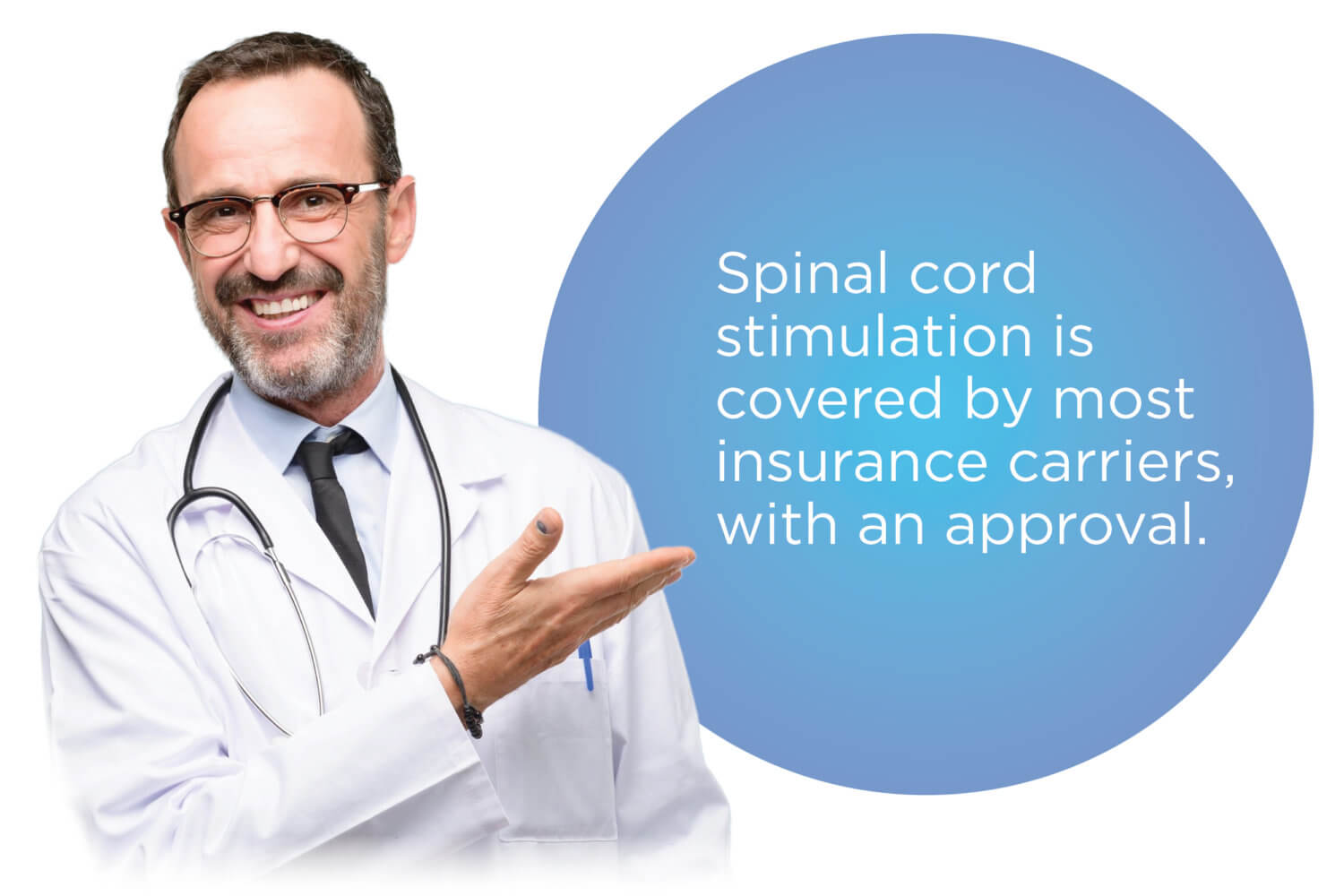 Man with glasses in white doctor coat gesturing to fact about spinal cord stimulation insurance coverage