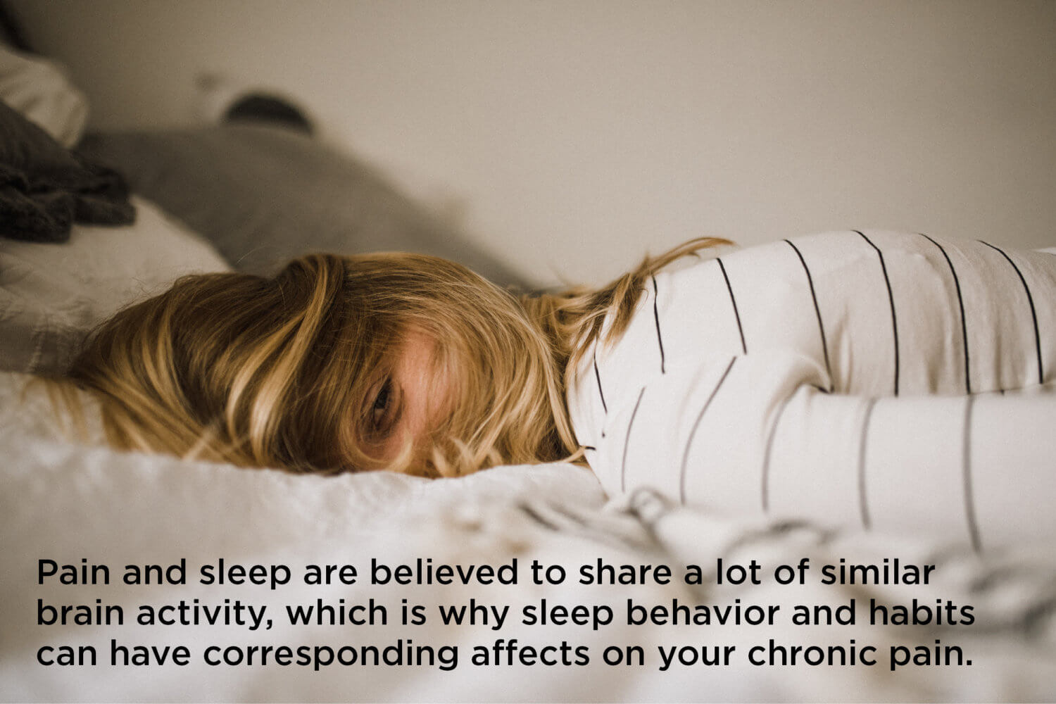 Fact about sleep and chronic pain next to blonde woman laying awake on a bed