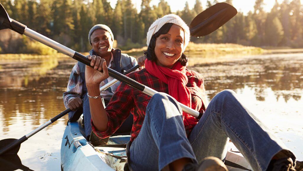 Middle aged African American couple in a kayak 