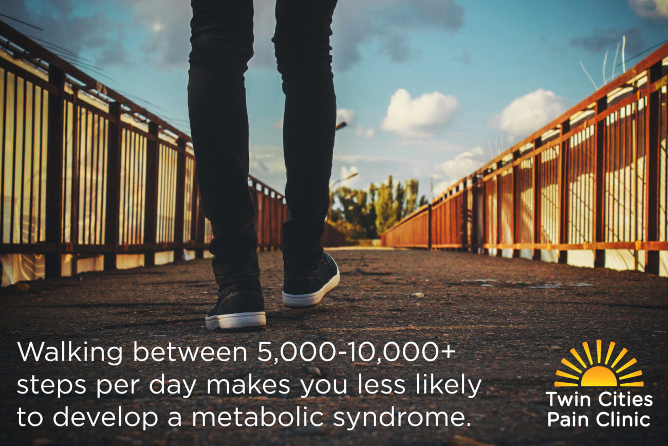 Fact about connection between steps and physical health over image of feet walking over a bridge