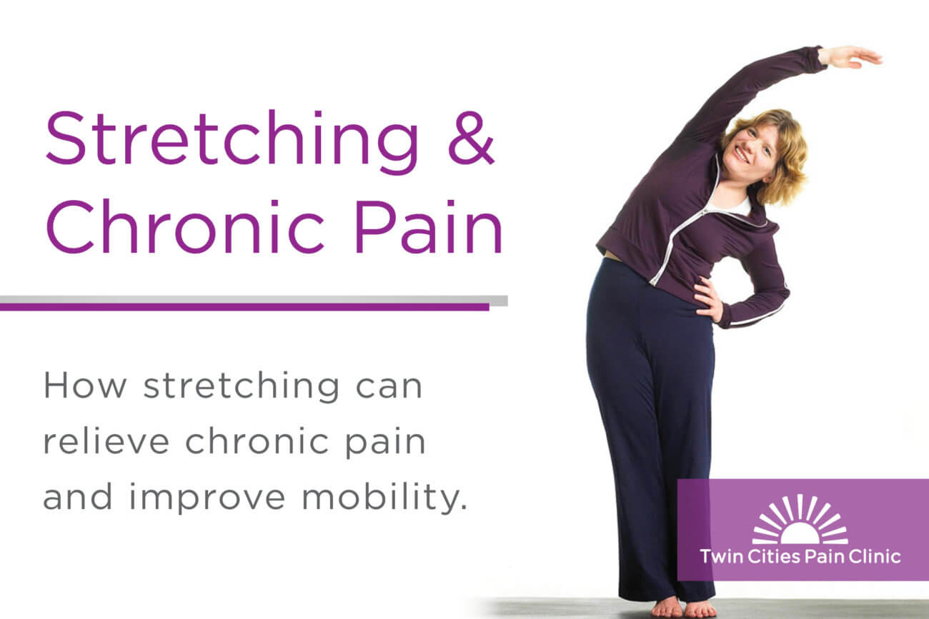 Blog post banner-Stretching and Chronic Pain -Woman standing and leaning torso to one side with hand over head