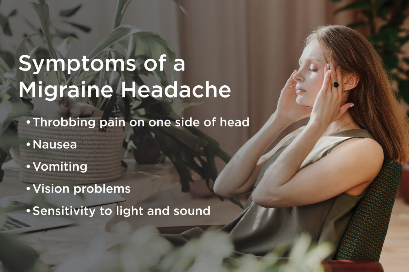 List of migraine headache symptoms next to image of woman massaging her temples