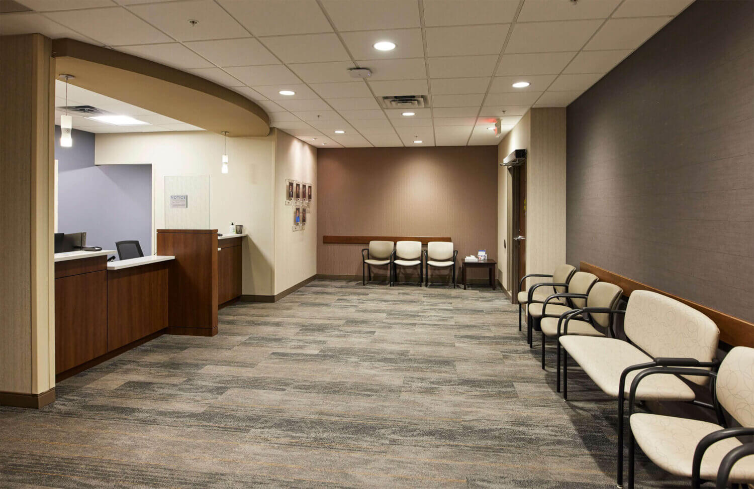 Wide shot of the patient waiting room and clinic entrance at Twin Cities Pain Clinic in Burnsville, MN