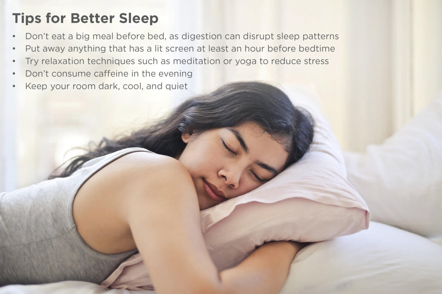 6 Tips for Better Sleep next to brunette female sleeping on a pillow