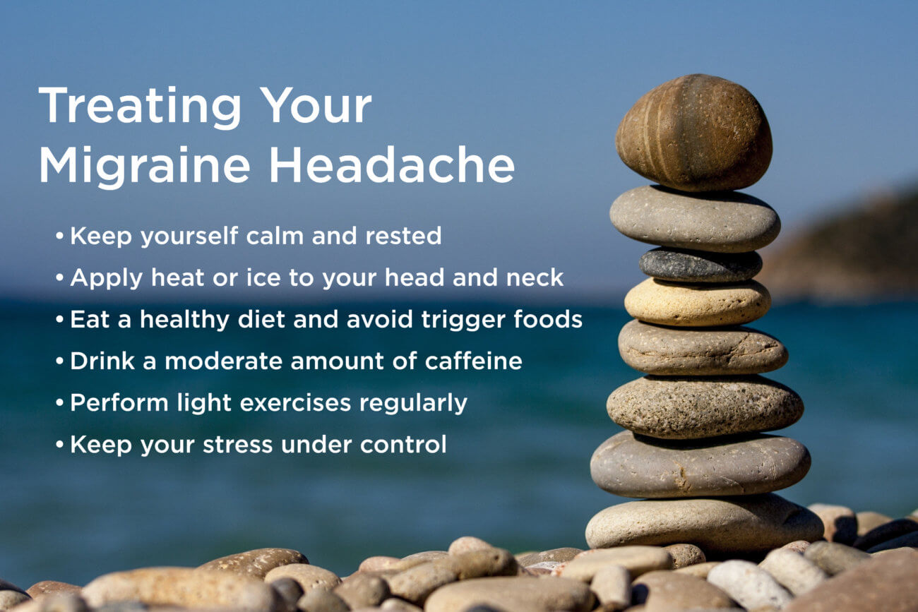 List of tips to treat a Migraine Headache next to pile of zen stones in front of ocean backdrop