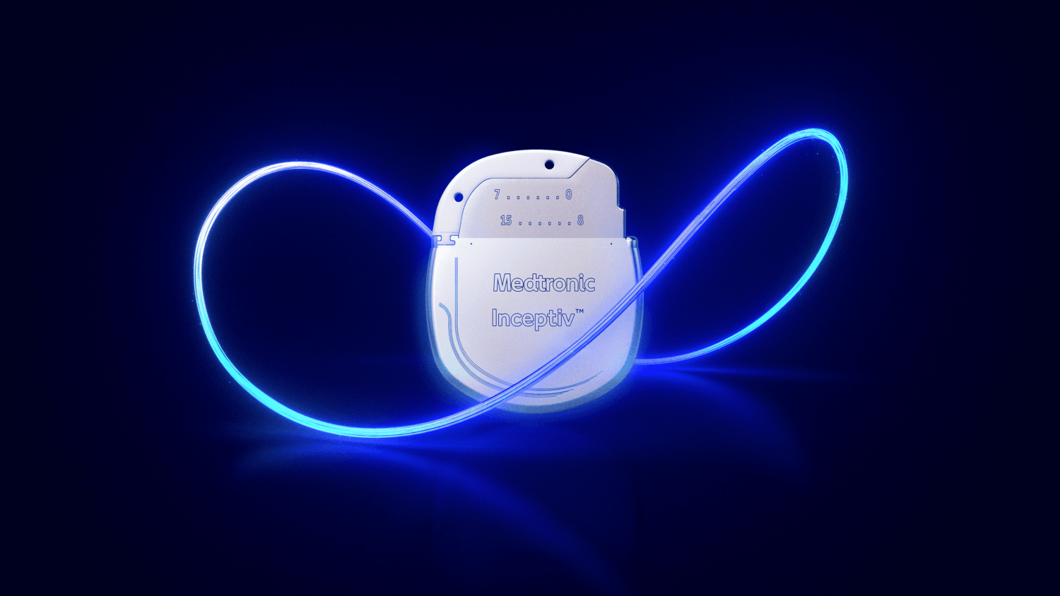 Medtronic Inceptiv spinal cord stimulator surrounded by glowing blue band